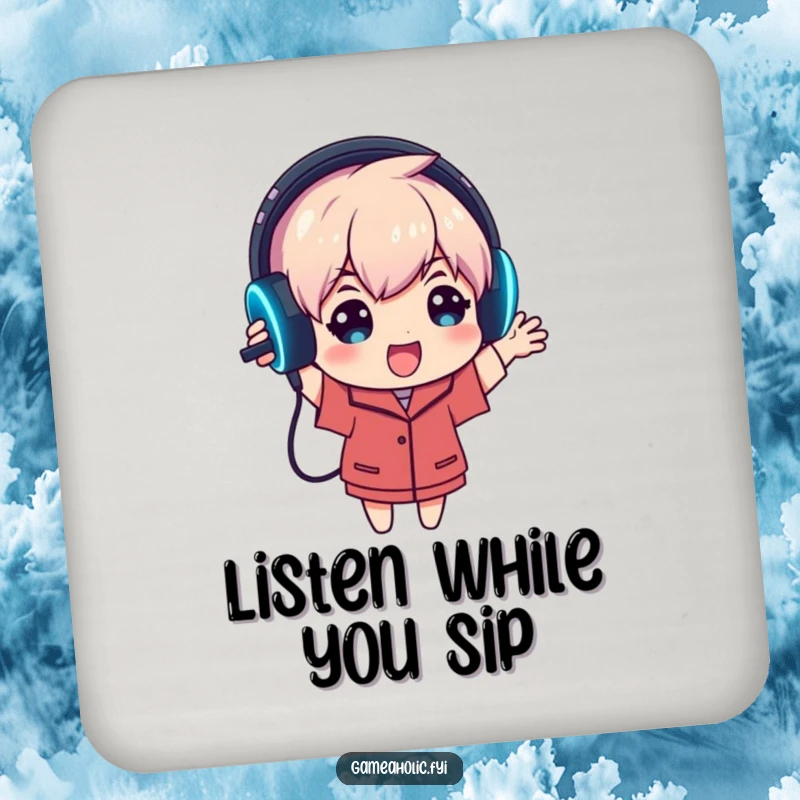 Funny coaster features an enthusiastic gamer character holding up a glowing gaming headset, adding audio immersion humor to drink protection.