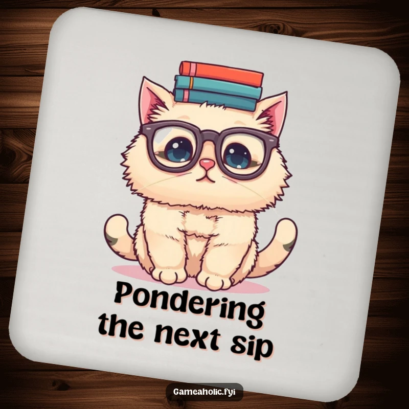 Funny drink coaster showing a fluffy cat wearing large glasses, precariously balancing a stack of books on its head.