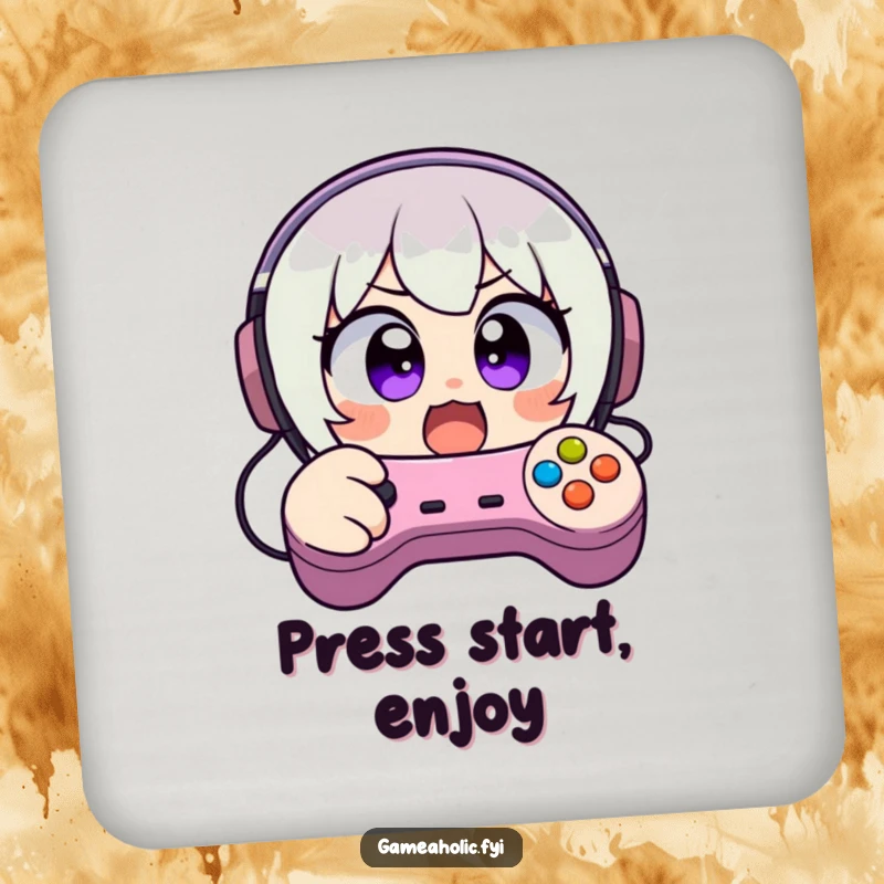 Funny drink coaster showing a character with wide, excited eyes, frantically mashing video game controller buttons, adding humor to any table.