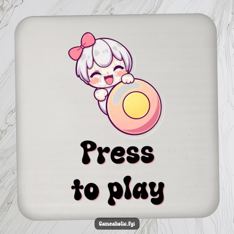Funny drink coaster with a cute character enthusiastically mashing a big, bright button, offering surface protection with gamer charm.