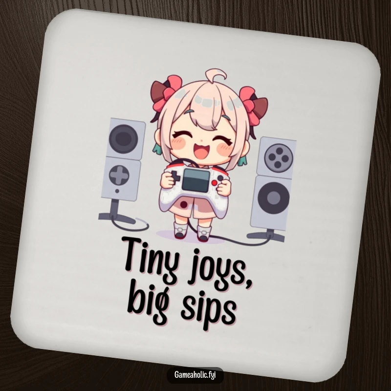 Funny Drink Coaster with a character gleefully holding a tiny, comically oversized game controller, adding humorous gamer flair to surfaces.