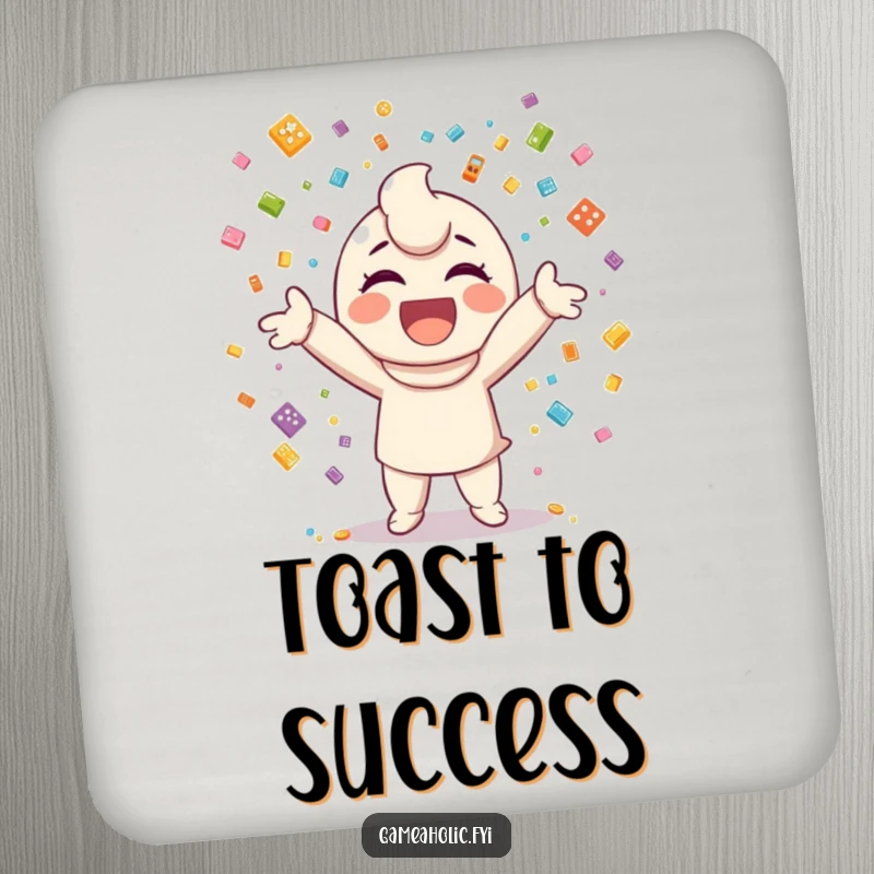 Funny drink coaster with a happy character throwing confetti made from small video game icons.