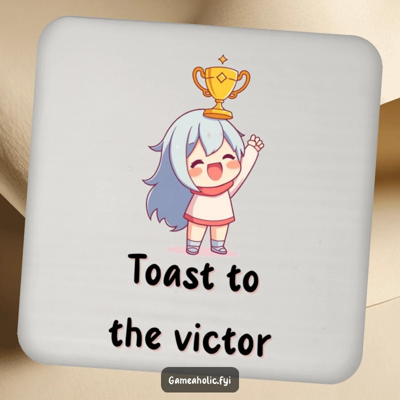 Funny drink coaster featuring a character joyfully holding up a tiny, golden trophy, adding a celebratory touch to tabletops.