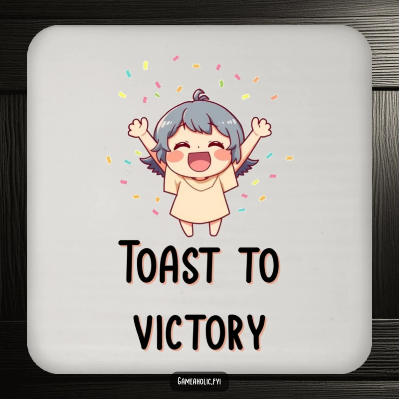 Funny drink coaster depicting a joyful character celebrating a victory with a splash of confetti.