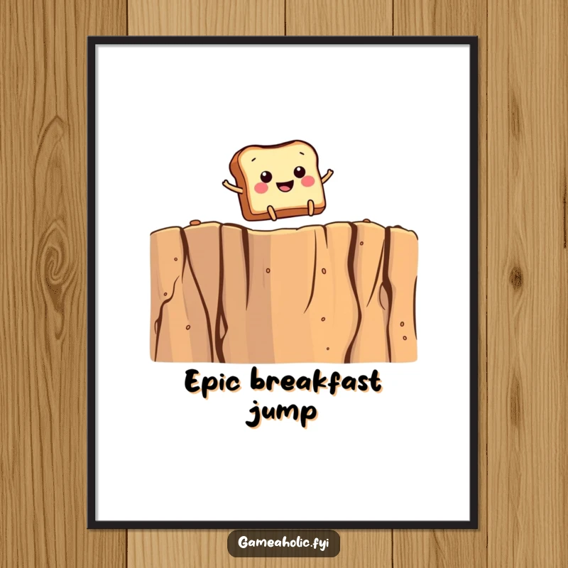 Funny art print of smiling toast with tiny legs leaping over a giant crumb cliff, celebrating breakfast and bold moves.