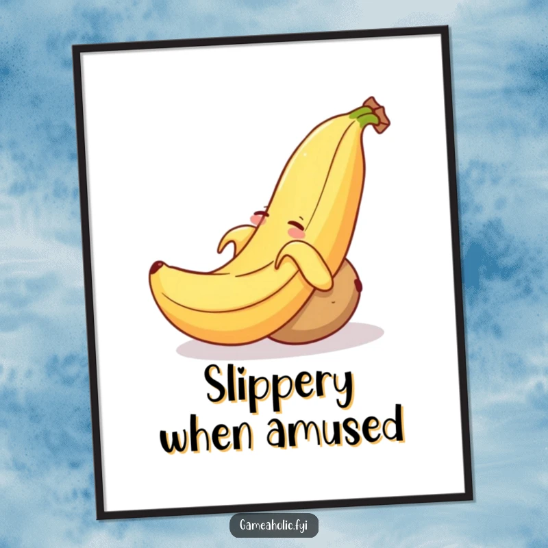 Funny poster depicting a smiling banana peel causing a sleepy potato to stumble and roll, a perfect piece of slapstick art.