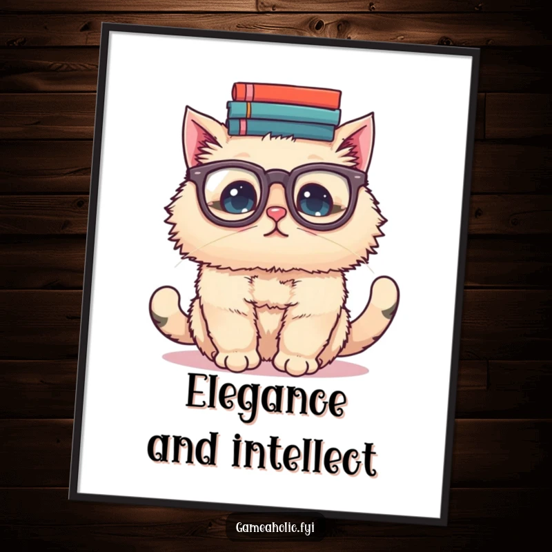 Funny poster featuring a fluffy cat wearing oversized spectacles, precariously balancing a stack of colorful books on its head.