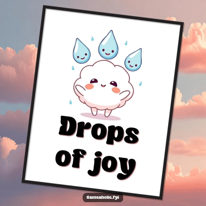 Funny art print of a fluffy cloud character juggling smiling rain drops, symbolizing cheerful multitasking and whimsical weather.