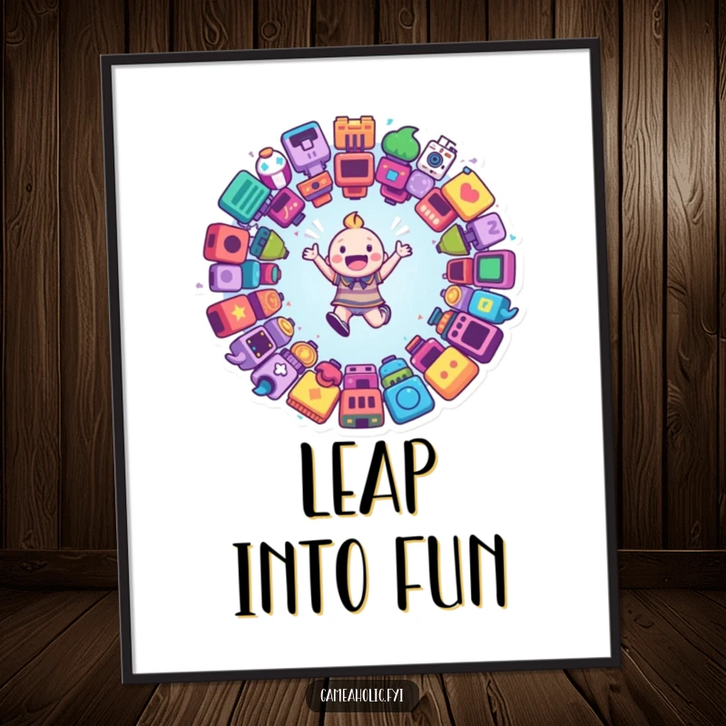Funny poster illustrating a happy character joyfully jumping into a dynamic portal surrounded by recognizable game icons, signifying immersion.