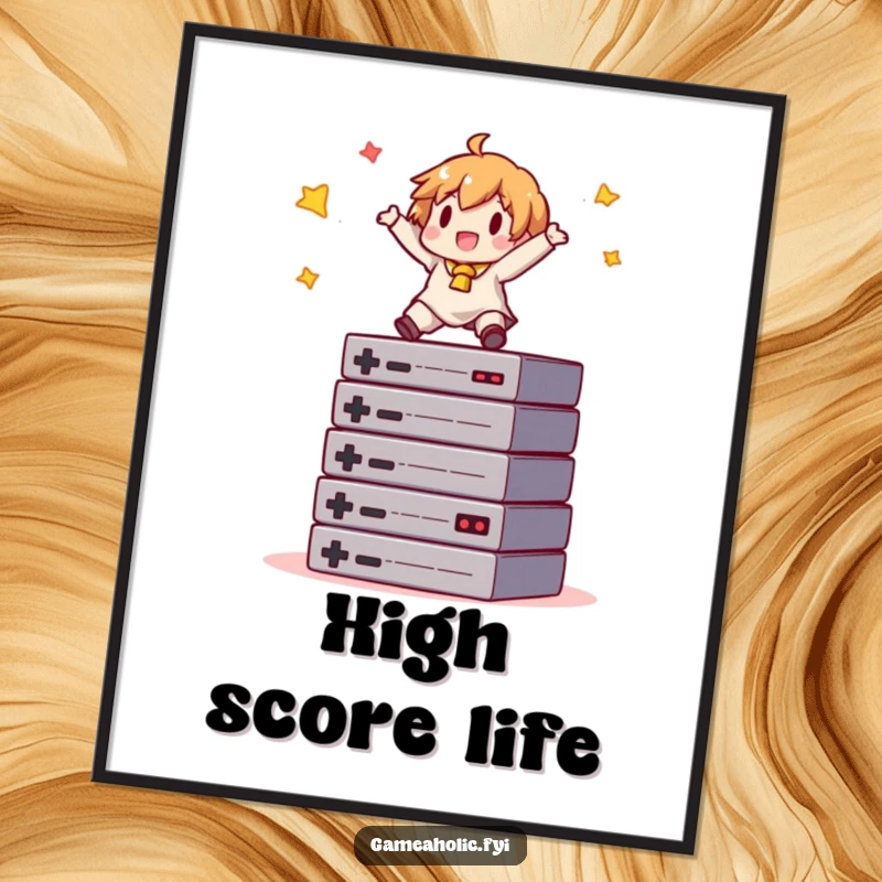 Funny gamer poster print of a character joyfully balancing on a stack of game cartridges, perfect for gaming room decor.