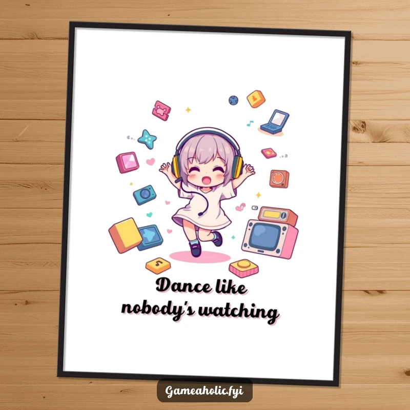 Funny Poster illustrating a character in a dance frenzy with headphones, surrounded by animated game elements, a funny tribute to rhythm gamers.