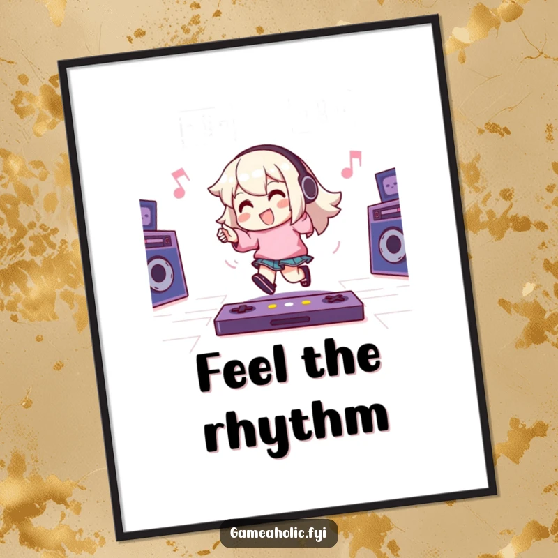 Funny Poster: Character joyfully taps their foot to an energetic game beat, capturing the immersive and rhythmic experience of playing video games.