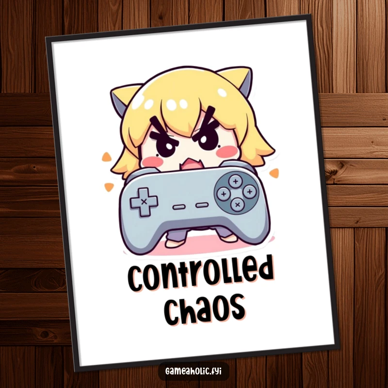 Funny poster of a cute character with a determined expression frantically mashing buttons on a video game controller.