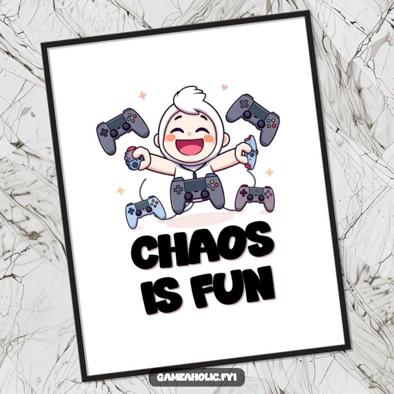 Funny poster illustrating a giggling character with a huge smile, adeptly juggling several game controllers, symbolizing gaming prowess.