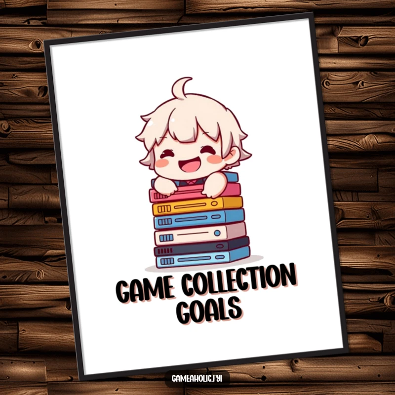 Funny poster art of a character with a grin, balancing a huge stack of video game cases, celebrating the joy of collecting.