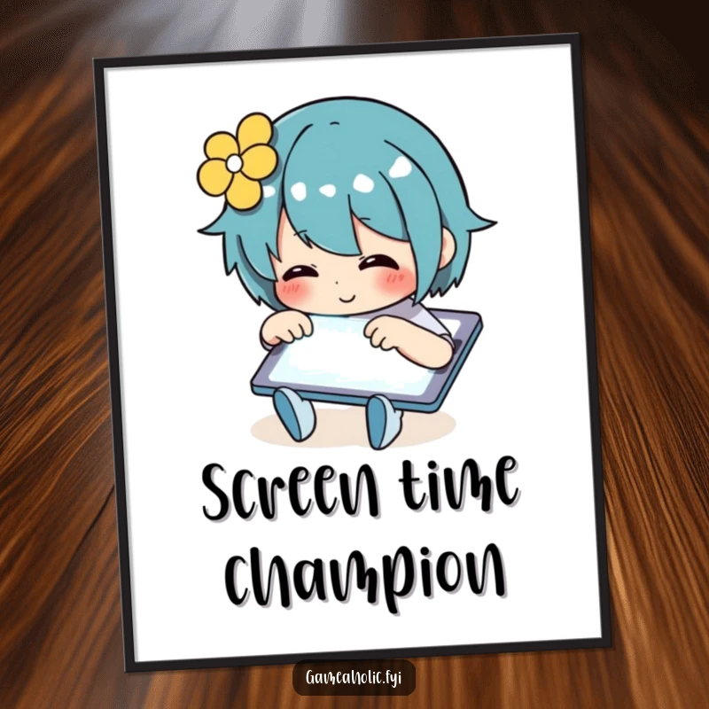 Funny Poster showcasing an ecstatic person rapidly tapping a luminous tablet screen, bringing digital joy to any room.