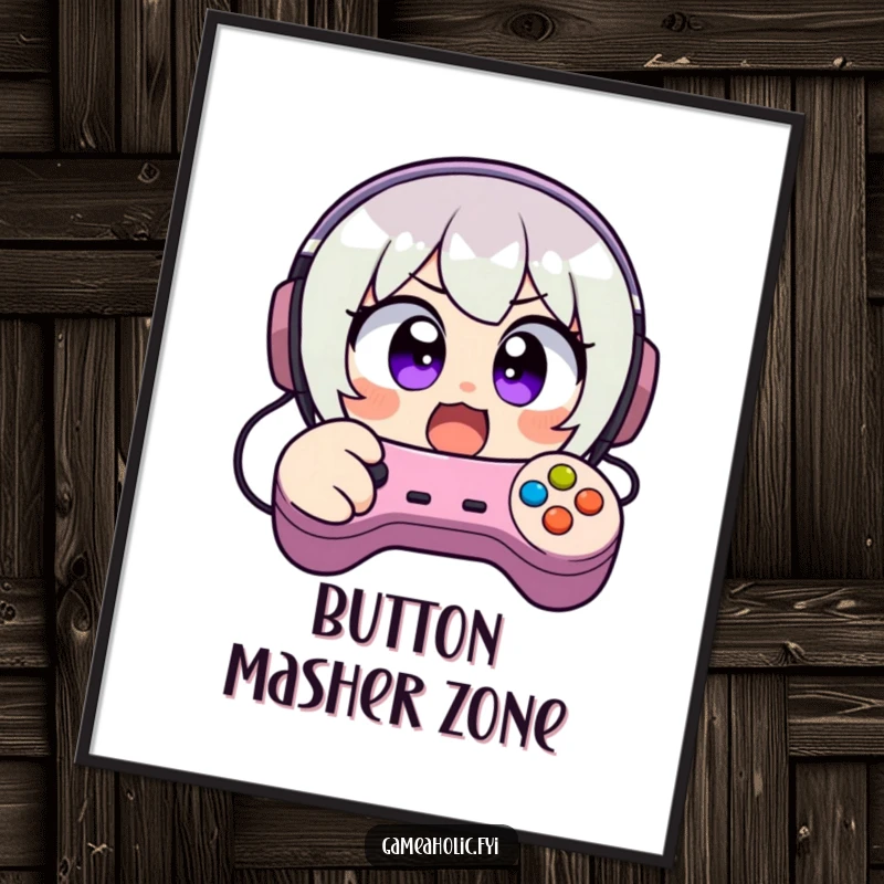 Funny poster art of a character with wide, excited eyes, frantically mashing video game controller buttons, capturing the thrill of intense gaming.