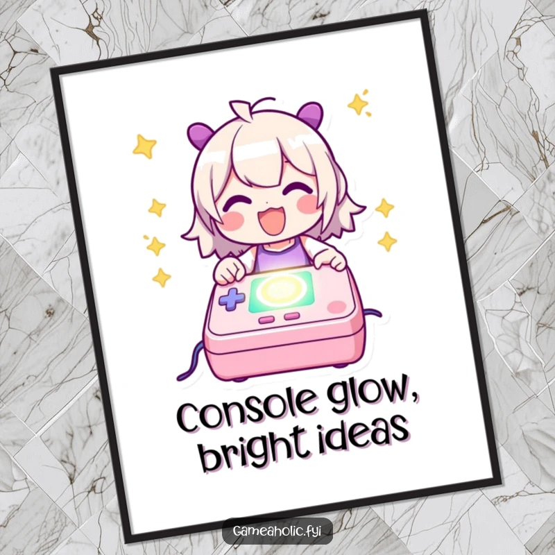 Funny Poster of a character happily activating a stylized, glowing game console, bringing energetic gamer humor to any wall.