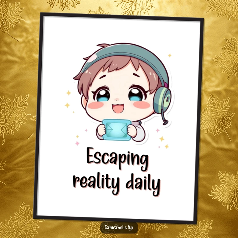 Funny poster art of a character beaming with delight while captivated by a dynamic, flashing virtual world on display.