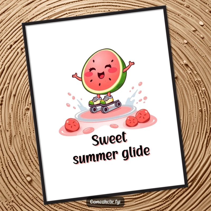 Funny art print of a happy watermelon slice on roller skates, gliding on juice, symbolizing carefree summer fun.