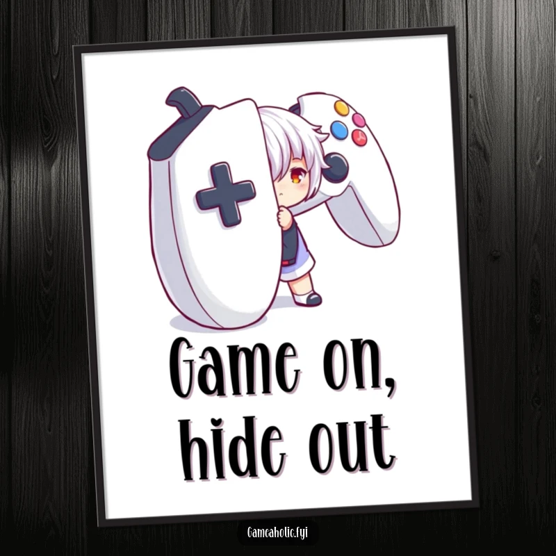Funny poster art of a character playfully hiding behind a huge game controller, capturing the essence of immersive gaming.