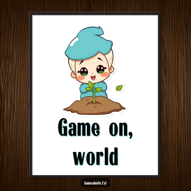 Funny poster print of a charming character gasping in delight and surprise while looking at a glowing video game screen.