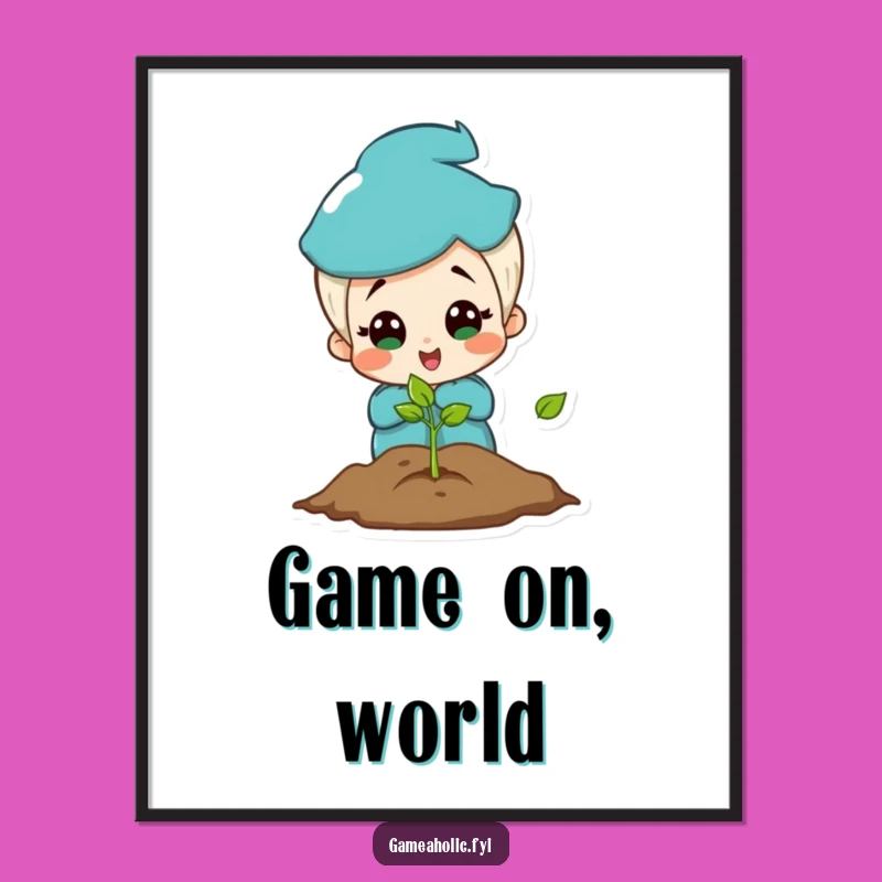 Funny Gamer Poster: Charming Character's Surprise at Glowing Game Screen, Wall Art