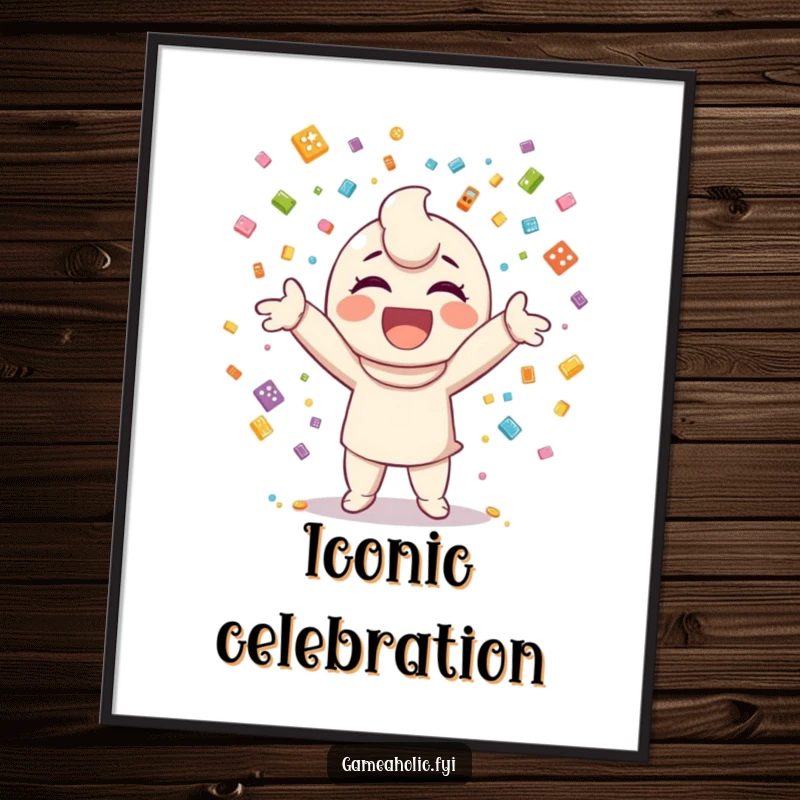 Funny poster art of a happy character throwing a festive shower of confetti made from small game icons.