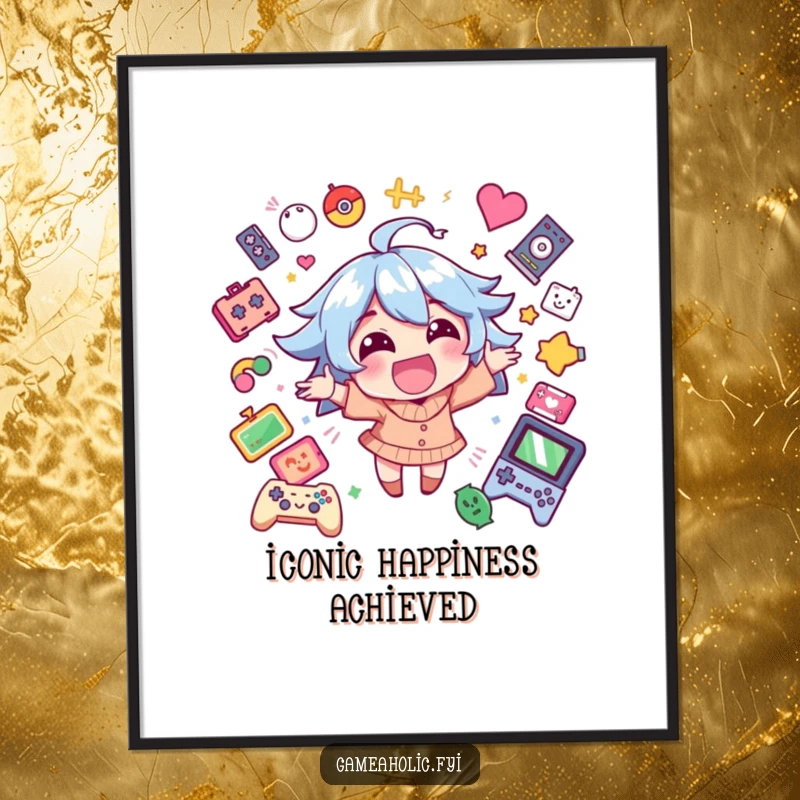 Funny poster print of a happy character radiating excitement, surrounded by various game icons, celebrating gaming.