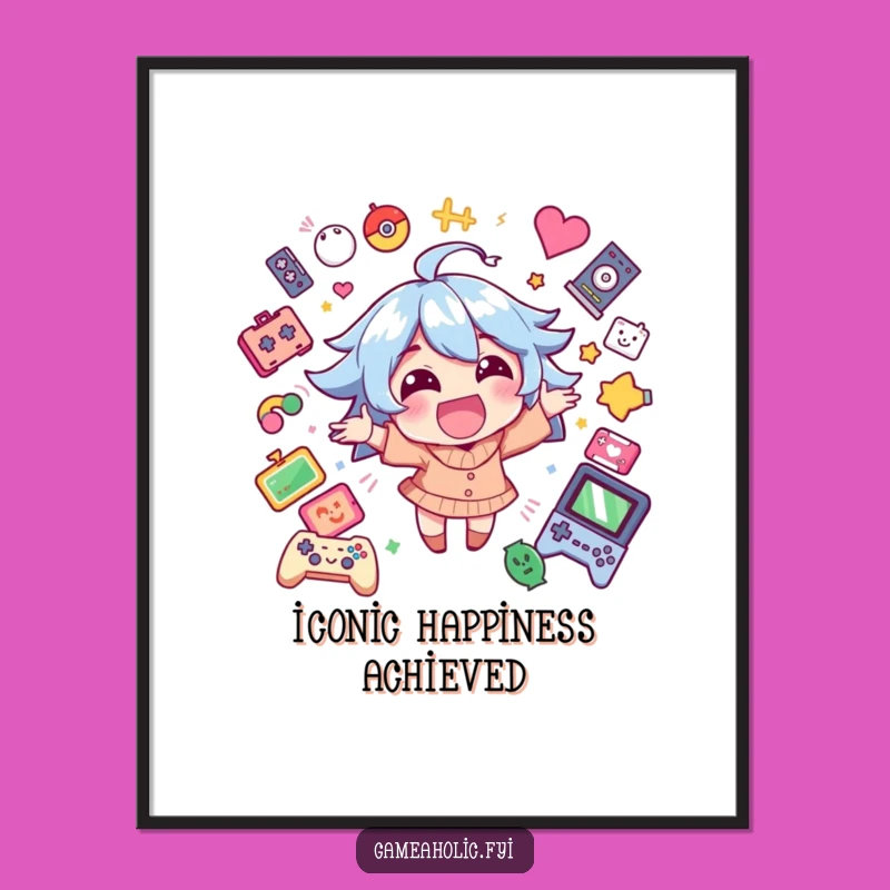 Funny Gamer Poster: Happy Character Excitement, Game Icons, Vibrant Wall Art