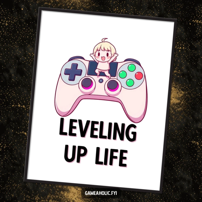 Funny Gamer Poster: A vibrant poster featuring a cute character jumping on a large, illuminated controller button, perfect for gaming-themed decor.