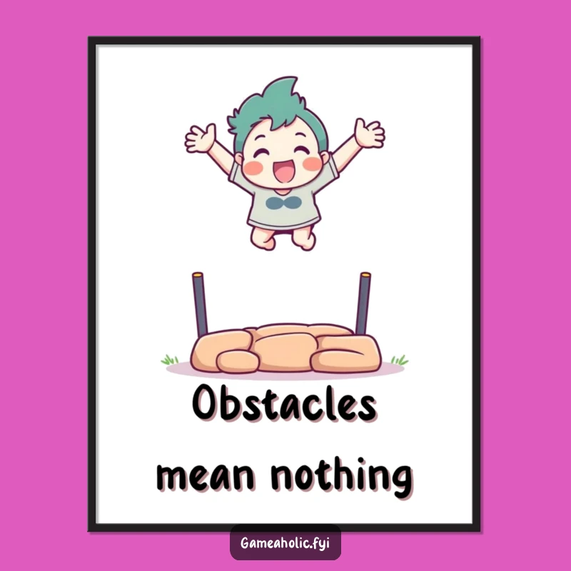 Funny Virtual Athlete Poster: Excited Character Leaps Over Obstacle, Quirky Decor