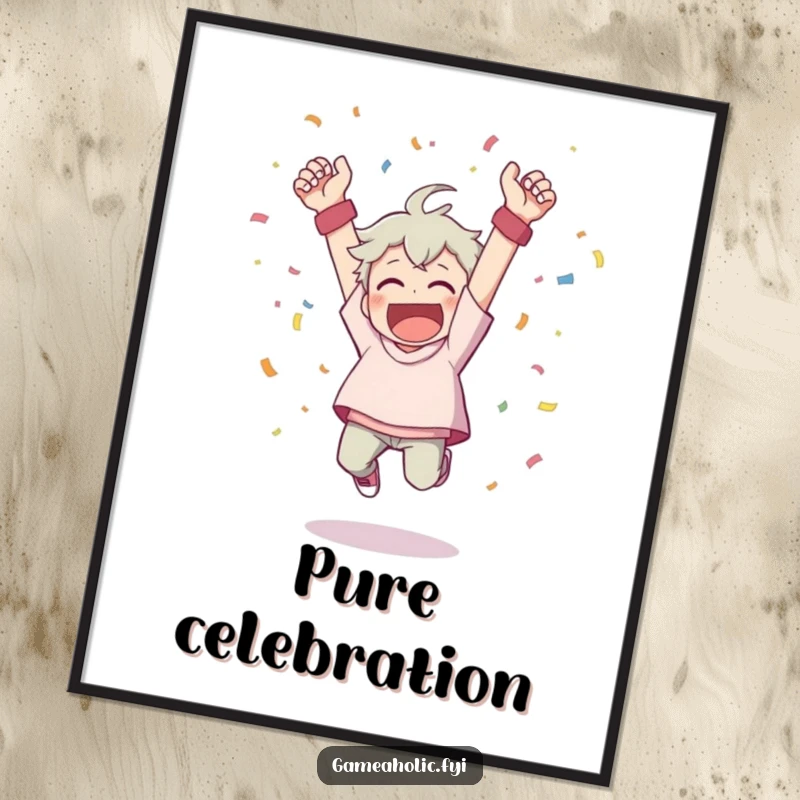 Funny poster showing a character cheering wildly, scattering confetti, and leaping from a dynamic victory pose.