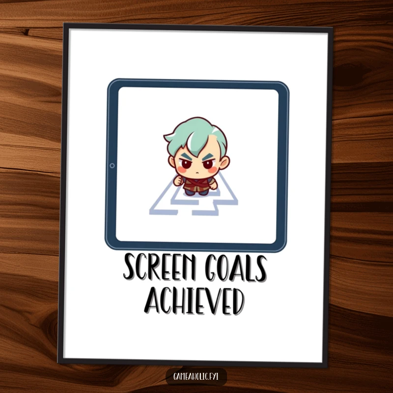 Funny poster print of a determined character intently navigating a maze displayed on a tablet screen.