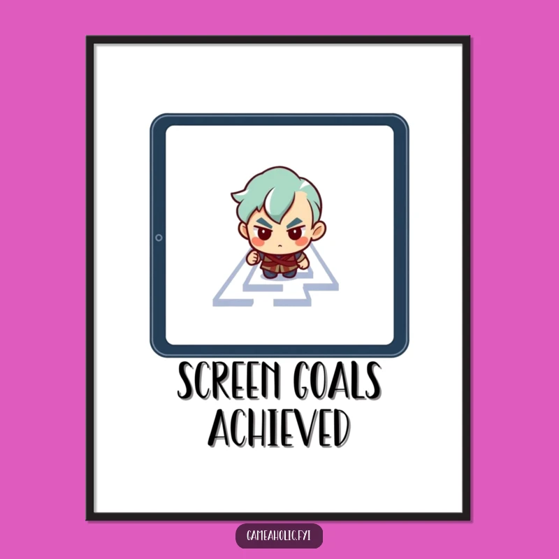 Funny Tablet Maze Poster: Determined Character's Digital Challenge