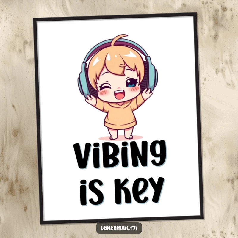 Funny poster illustrating a delighted character wearing oversized headphones, joyfully bobbing their head, celebrating the power of music.