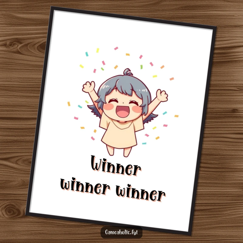 Funny poster art of a joyful character exuberantly celebrating a victory with a dynamic explosion of colorful confetti.