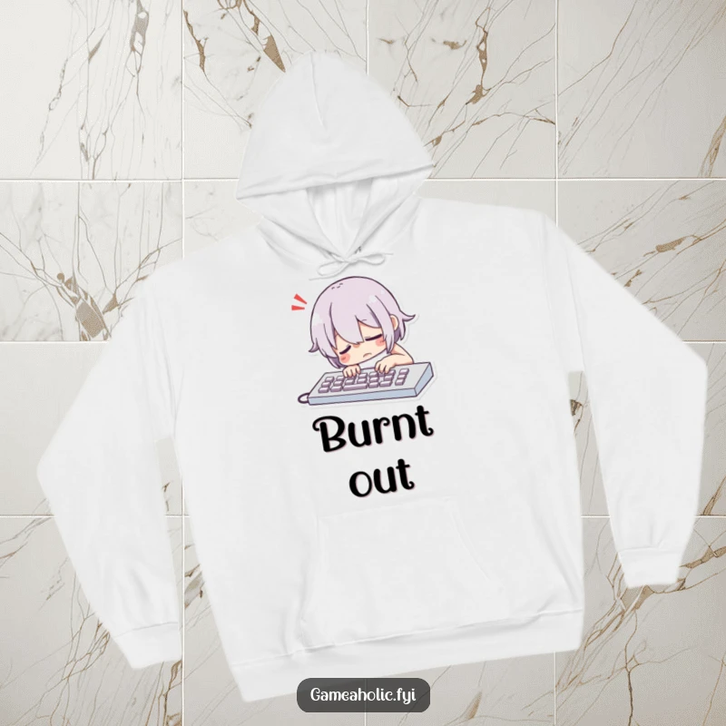 Funny Character Dramatically Slumping Over a Keyboard with a Comically Exaggerated Sigh Hoodie, Comfortable Work Humor Wear.