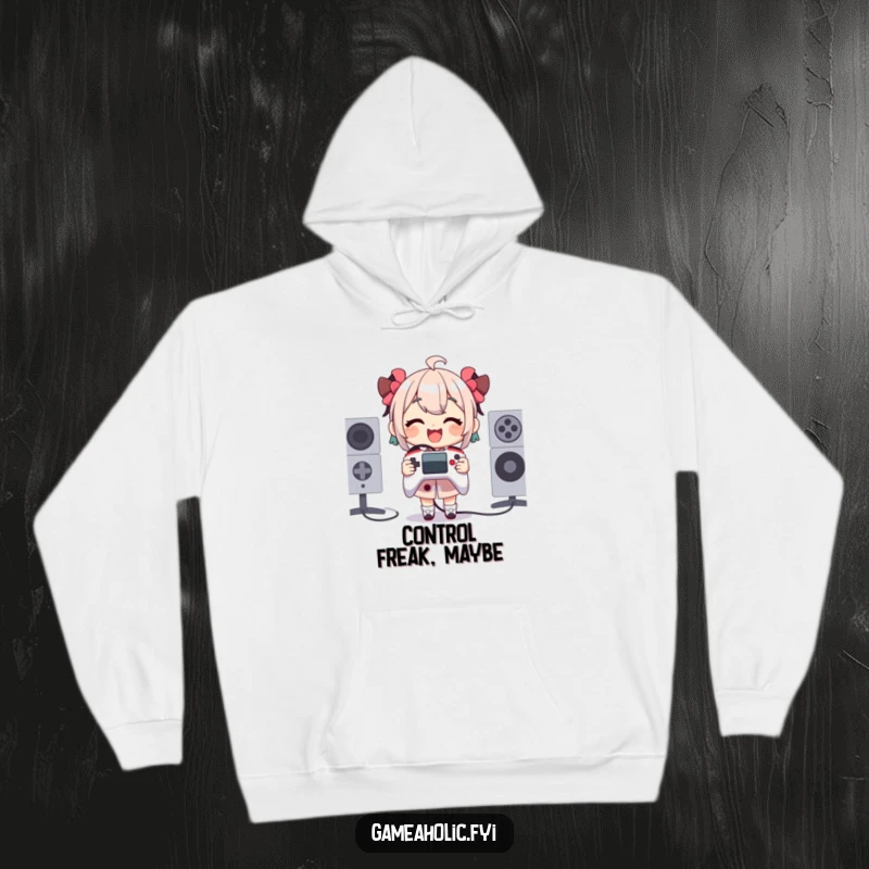 Funny Hoodie of a character gleefully holding a comically large tiny game controller, offering warmth and humorous gamer style.