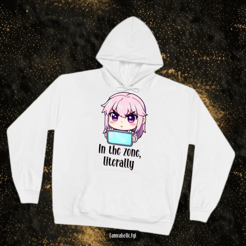Funny hoodie showing a gamer character intensely focused on a bright digital screen, ideal for comfort.