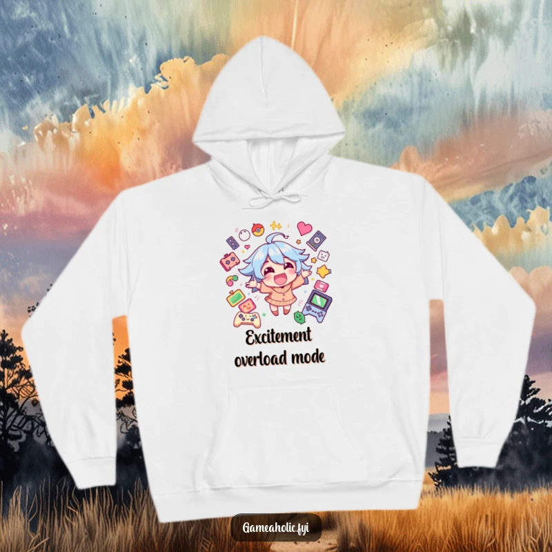 Funny hoodie with a happy character beaming with excitement, surrounded by playful game icons, perfect for cozy sessions.