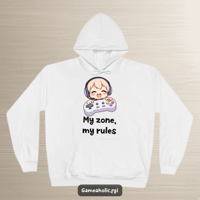 Funny hoodie featuring a character wearing headphones, joyfully mashing oversized game controller buttons with excitement.