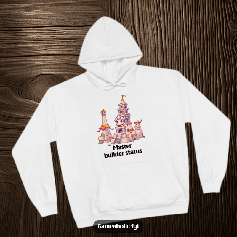Funny Hoodie: Gamer with intense focus building a huge tower in a game, perfect for cozy, hilarious gaming sessions, a great gift.
