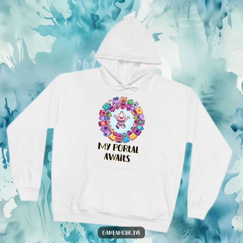 Funny hoodie with a happy character leaping into a captivating portal of game icons, designed for gamers seeking comfort and style.