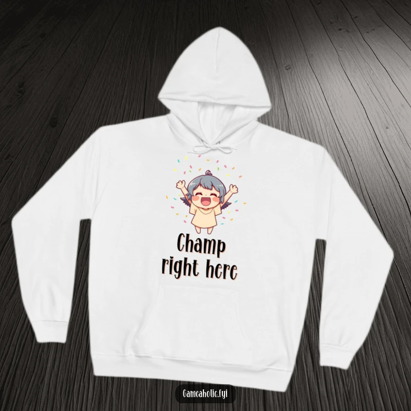 Funny hoodie depicting a joyful character extravagantly celebrating a victory with a spectacular cascade of confetti.