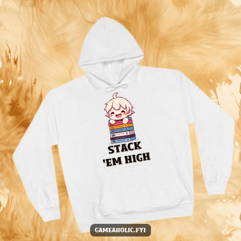 Funny hoodie featuring a character with a grin, balancing a tall stack of video game cases, offering warmth and collector pride.