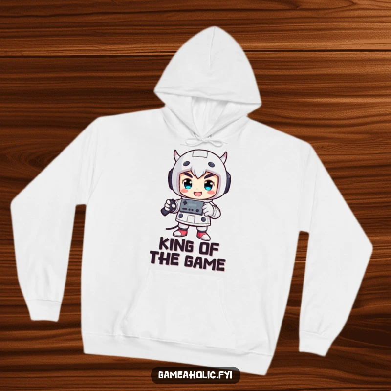 Funny hoodie featuring a proud character striking a victorious pose while holding a video game controller.