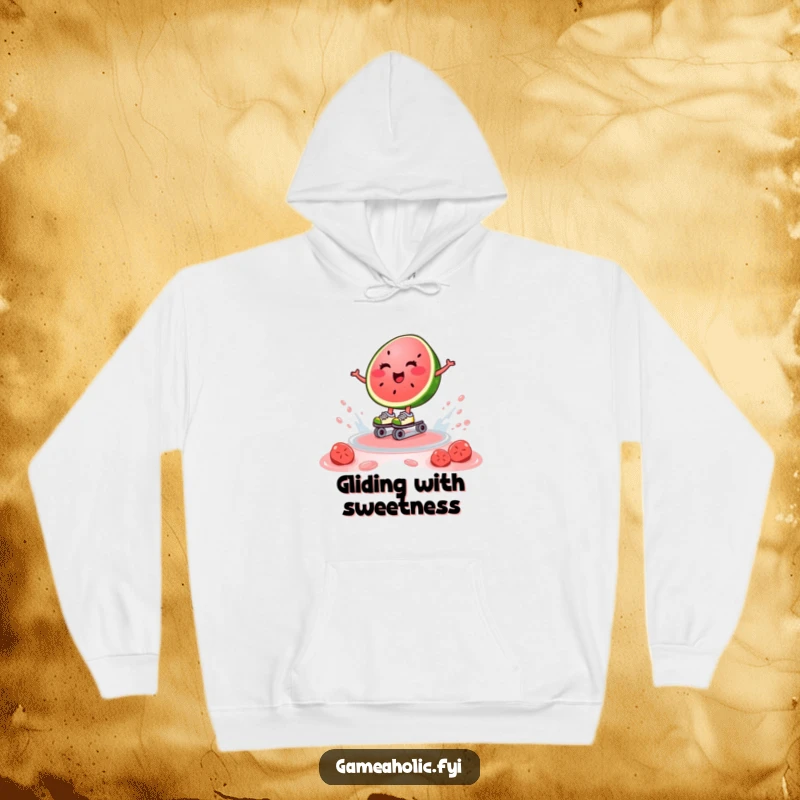 Funny hoodie featuring a happy watermelon slice on roller skates, gliding on juice, perfect for cozying up with summer style.