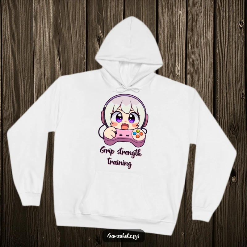 Funny hoodie featuring a character with wide, excited eyes, frantically mashing video game controller buttons, offering warmth and humorous gamer style.