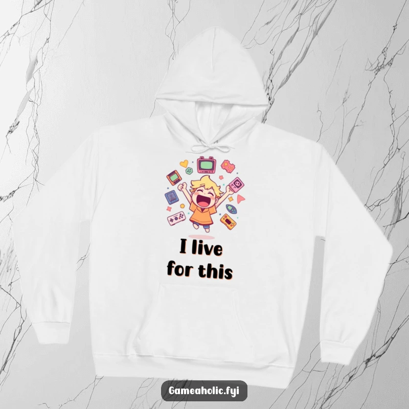 Funny hoodie with a character cheering wildly surrounded by floating game icons, representing intense gaming joy and triumph.